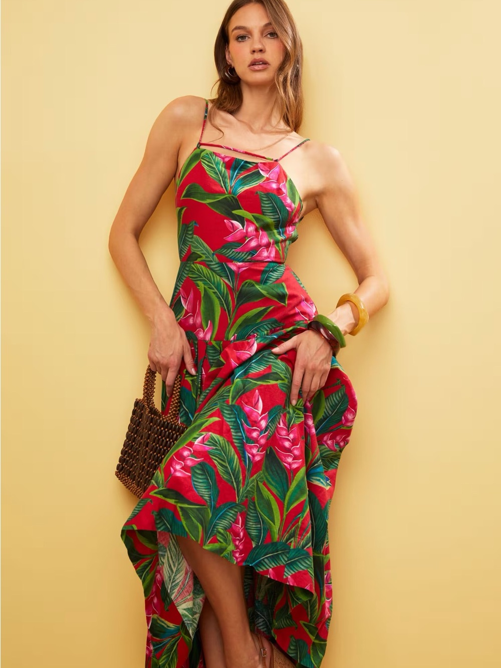 EUC Sz S Farm Rio Red Tropical Print Slip Dress with Spaghetti Straps